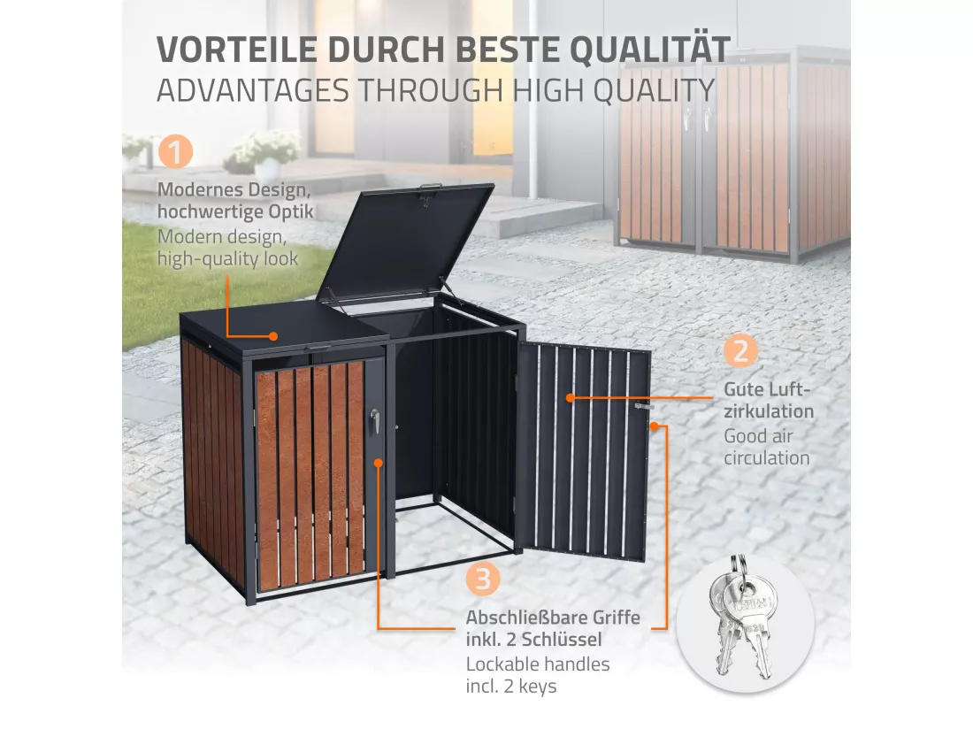 Abri pour 2 poubelles 240 L conteneur à déchets acier corten 132 x 80 x 116,3 cm