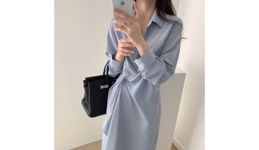 Onipixiy - Asymmetrische, effen midi-jurk met lange mouwen en wikkelmotief