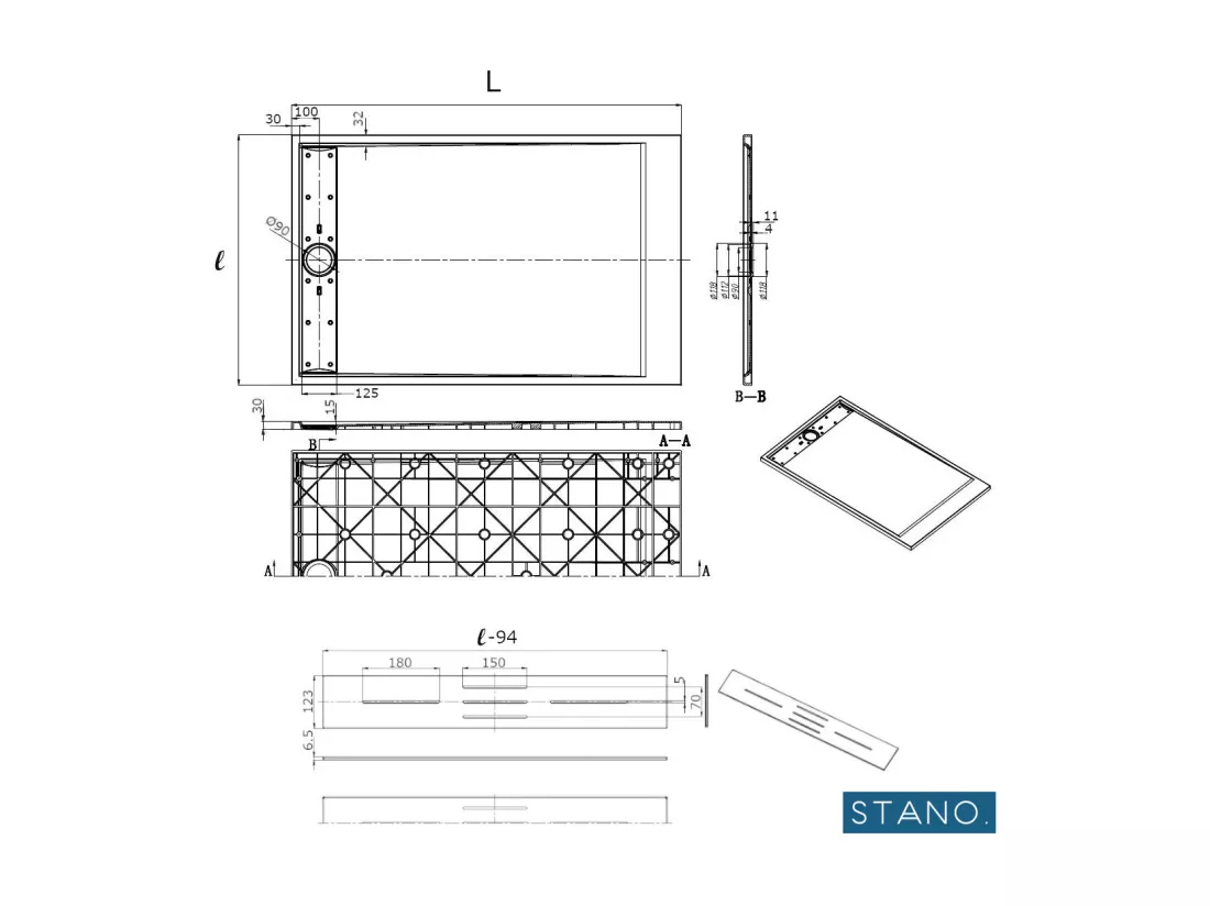 Receveur de douche 90 x 120 cm extra plat LUCIA en SoliCast® surface ardoisée gris