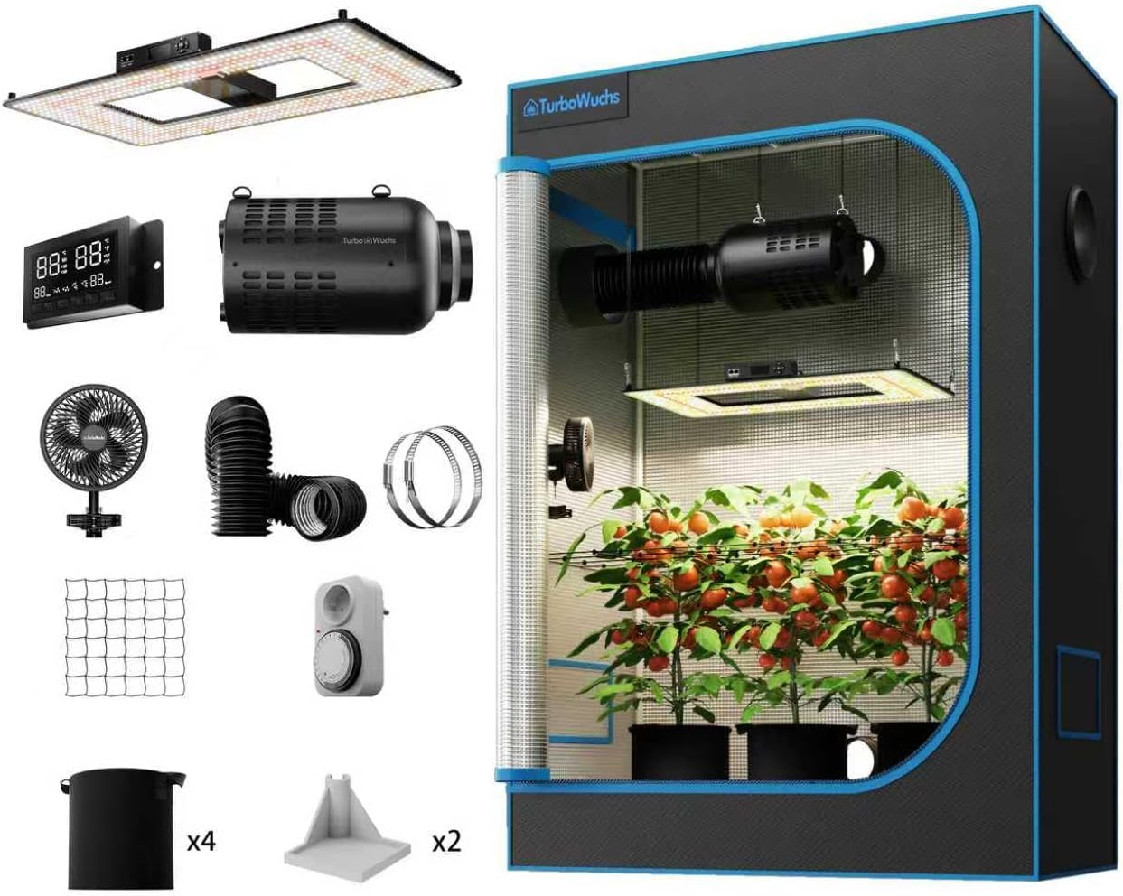 Turbo2000& 120x60x180cm Growzelt Komplettset LED Grow Lampe Vollspektrum LM301H EVO LEDs Growzelt Kit Komplettes Hydroponics 1680D Growing Tent Kit Belüftungssystem