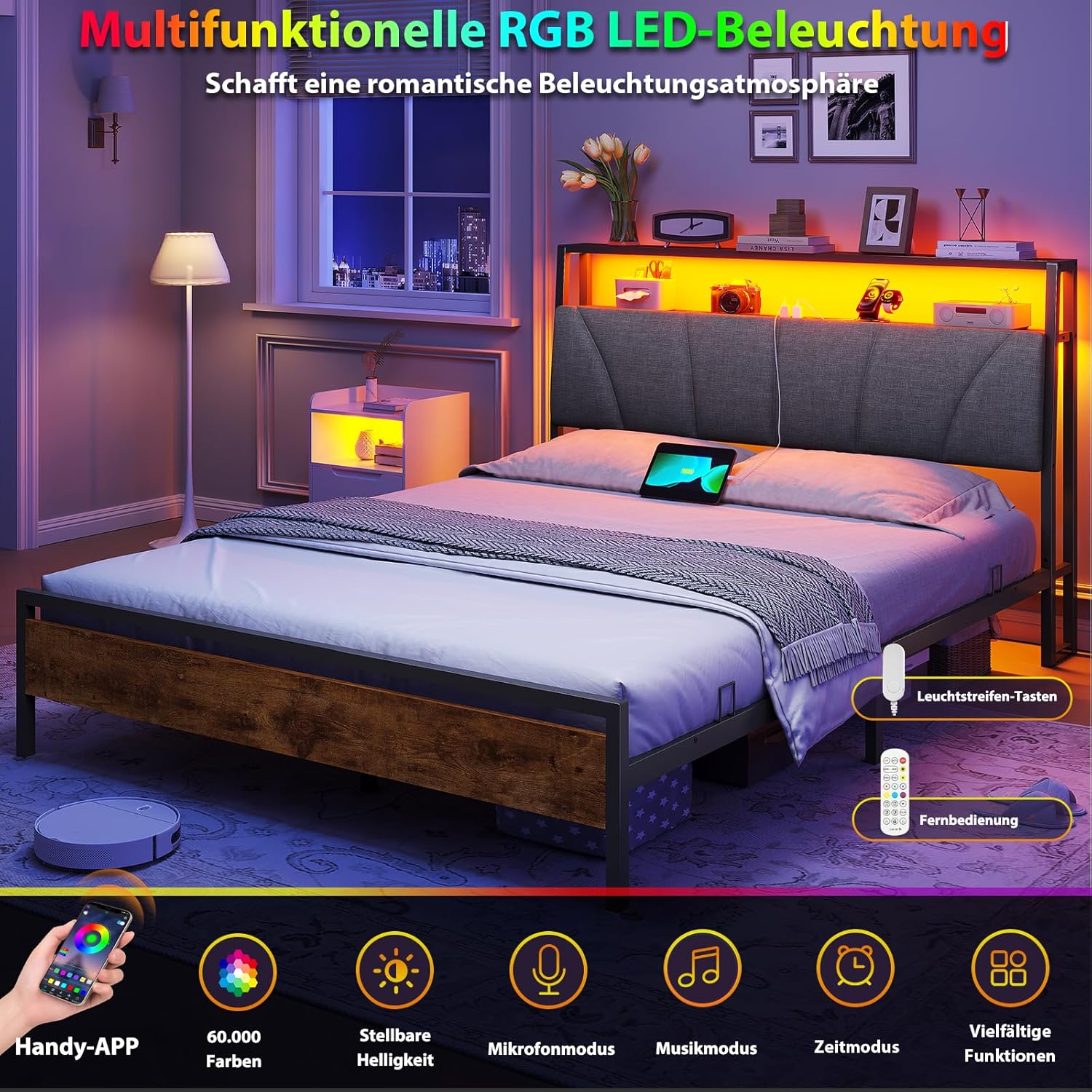 Bett 140x200 mit Lattenrost aus Metall, Bettgestell 140x200cm mit LED Beleuchtung Metallbett 140x200 mit Kopfteil & Ladestation(2 AC-Steckdosen& 2 USB-Anschlüsse) Jugendbett Doppelbett, Grau