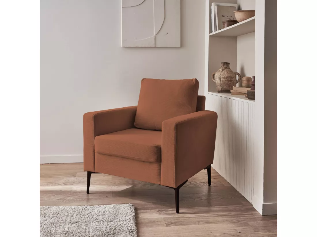 Fauteuil en velours côtelé terracotta - Bjorn - Canapé 1 place fixe droit pieds métal
