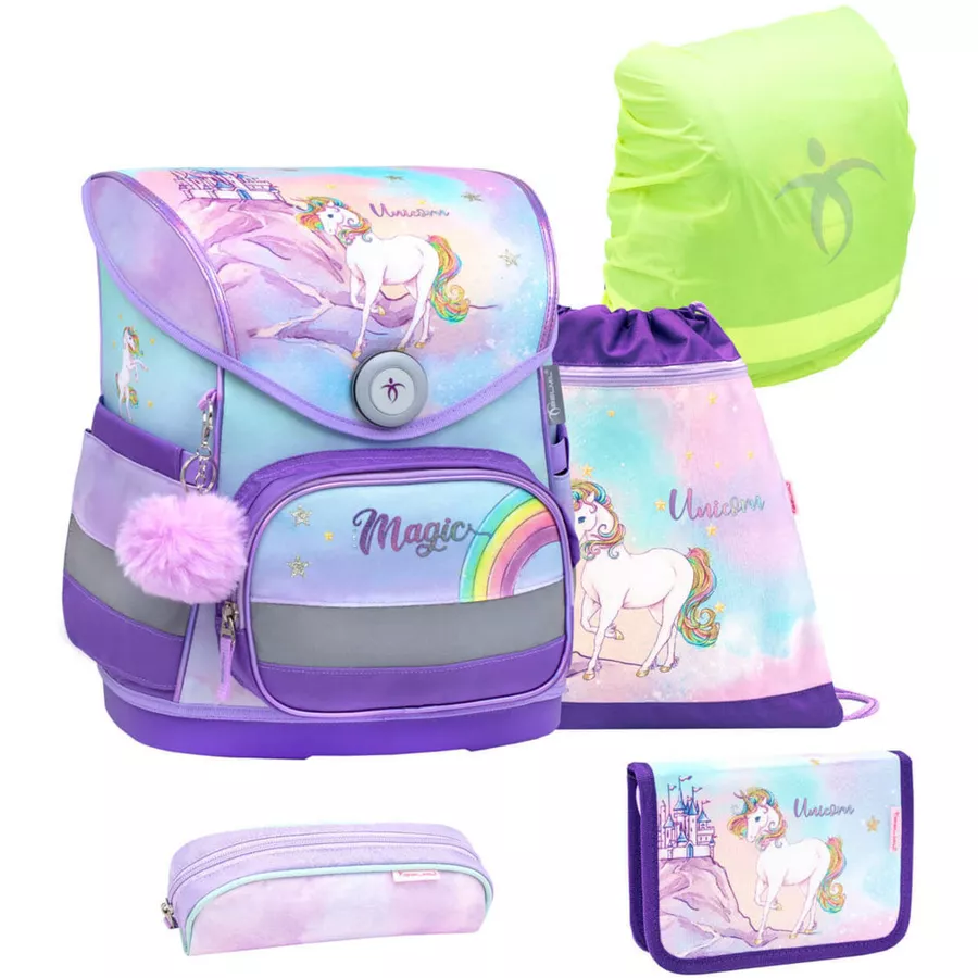 Belmil Schulranzen Compact Schulranzen Set 5-teilig mit Brustgurt Rainbow Unicorn Magic