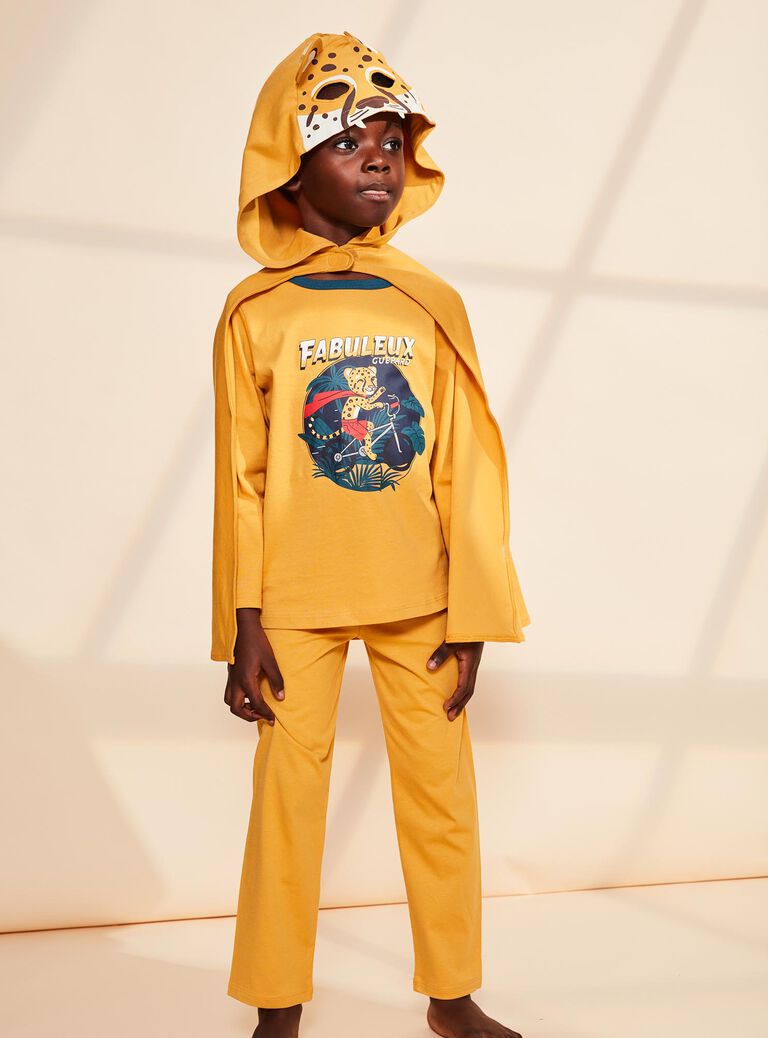 Pyjama deux pièces jaune moutarde en coton avec cape tête de léopard