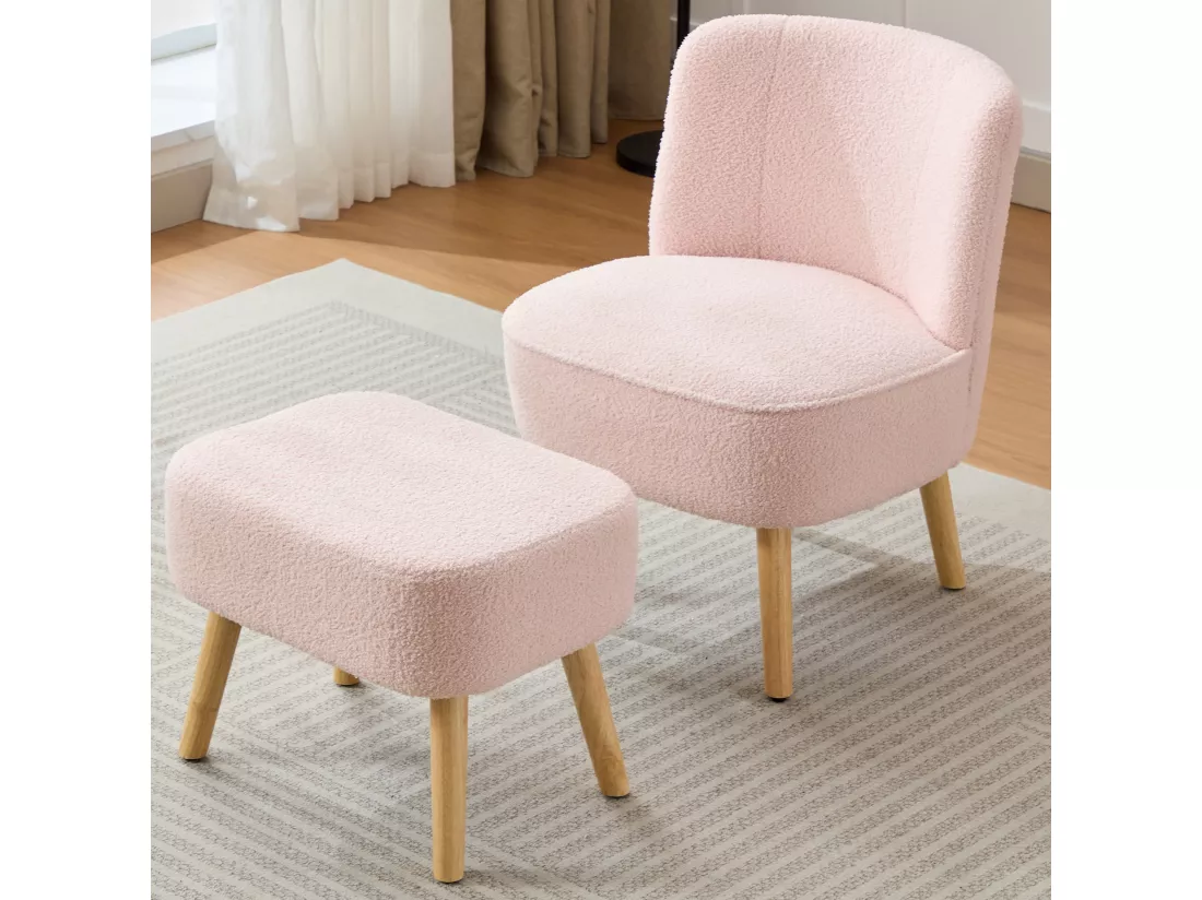 Fauteuil avec repose-pieds - en sherpa - pieds en bois massif - Rose