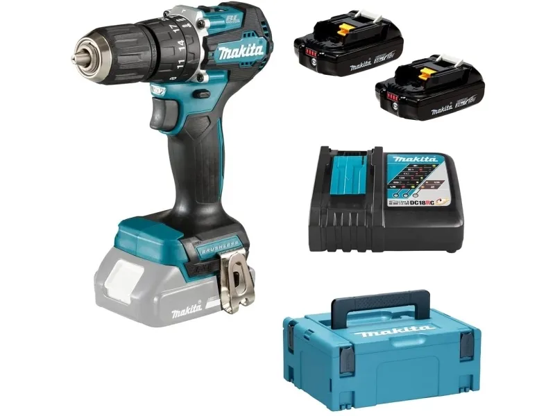 Makita DHP487RAJ - Hammerbor/skruemaskine - ledningfri - 2-hastigheders - nøgleløs borepatron 13 mm - 40 N·m - 2 batterier - 18 V