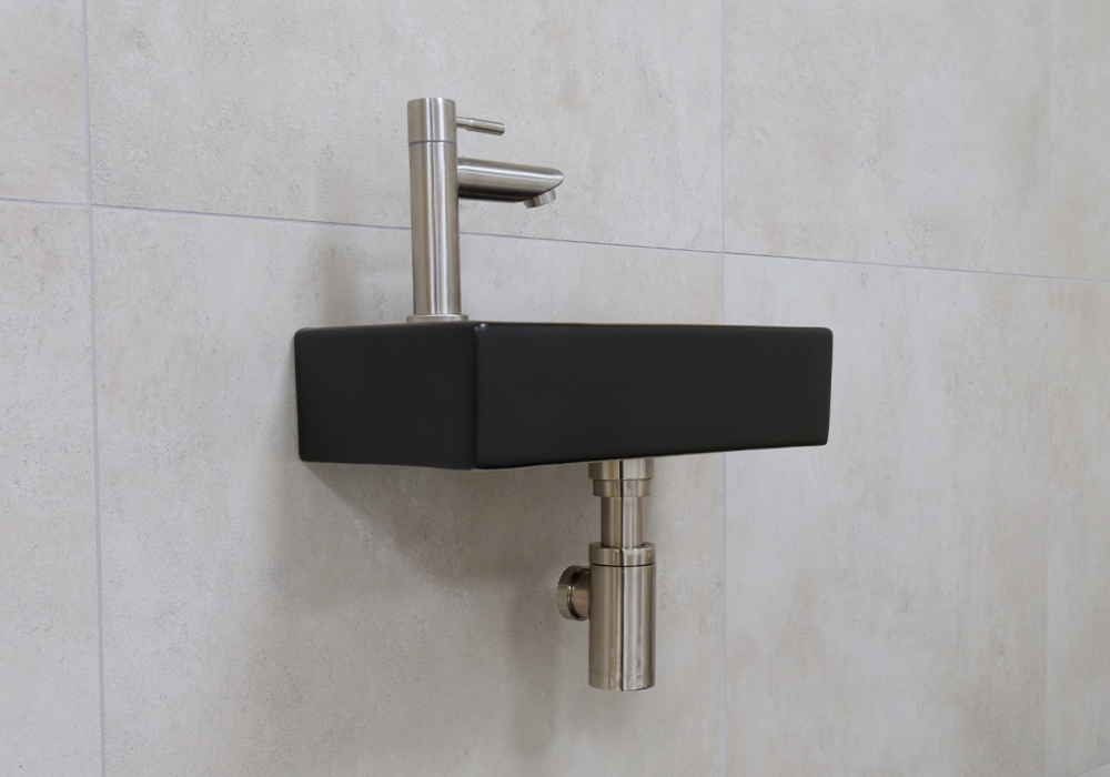 Mueller Mini Rhea 36x18x9 zwarte fonteinset met kraan RVS links