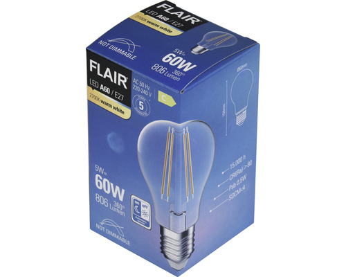 FLAIR LED Lamp A60 Filament helder met schemersensor E27/5W (60W) 806 lm 2700 K warm wit