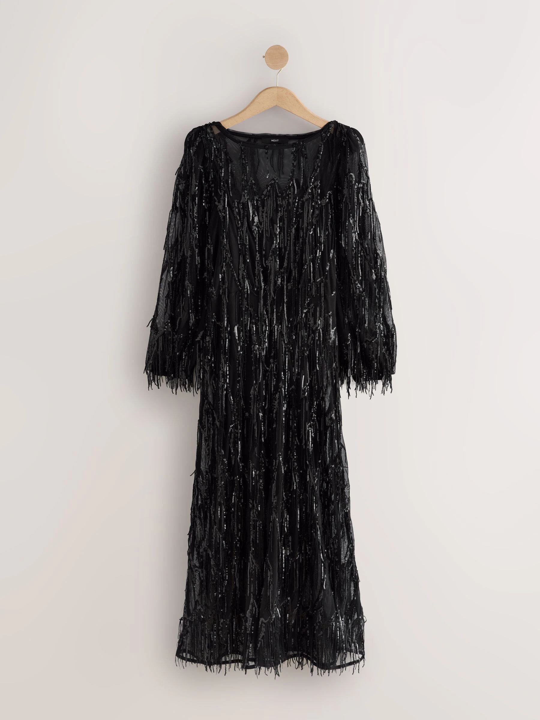 Zwart - Occasion Long Sleeve Sequin Tassle Maxi Dress