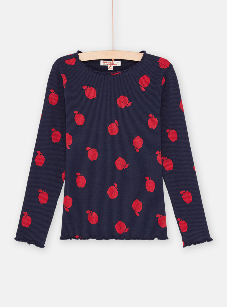 T-shirt bleu marine et rouge à imprimé pomme fille