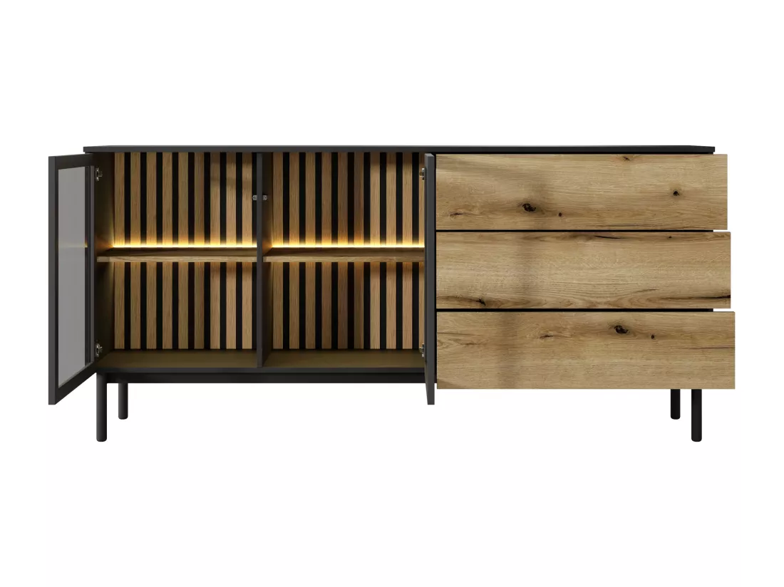 Buffet 2 portes et 3 tiroirs avec LEDs - Naturel et noir - LABENIA