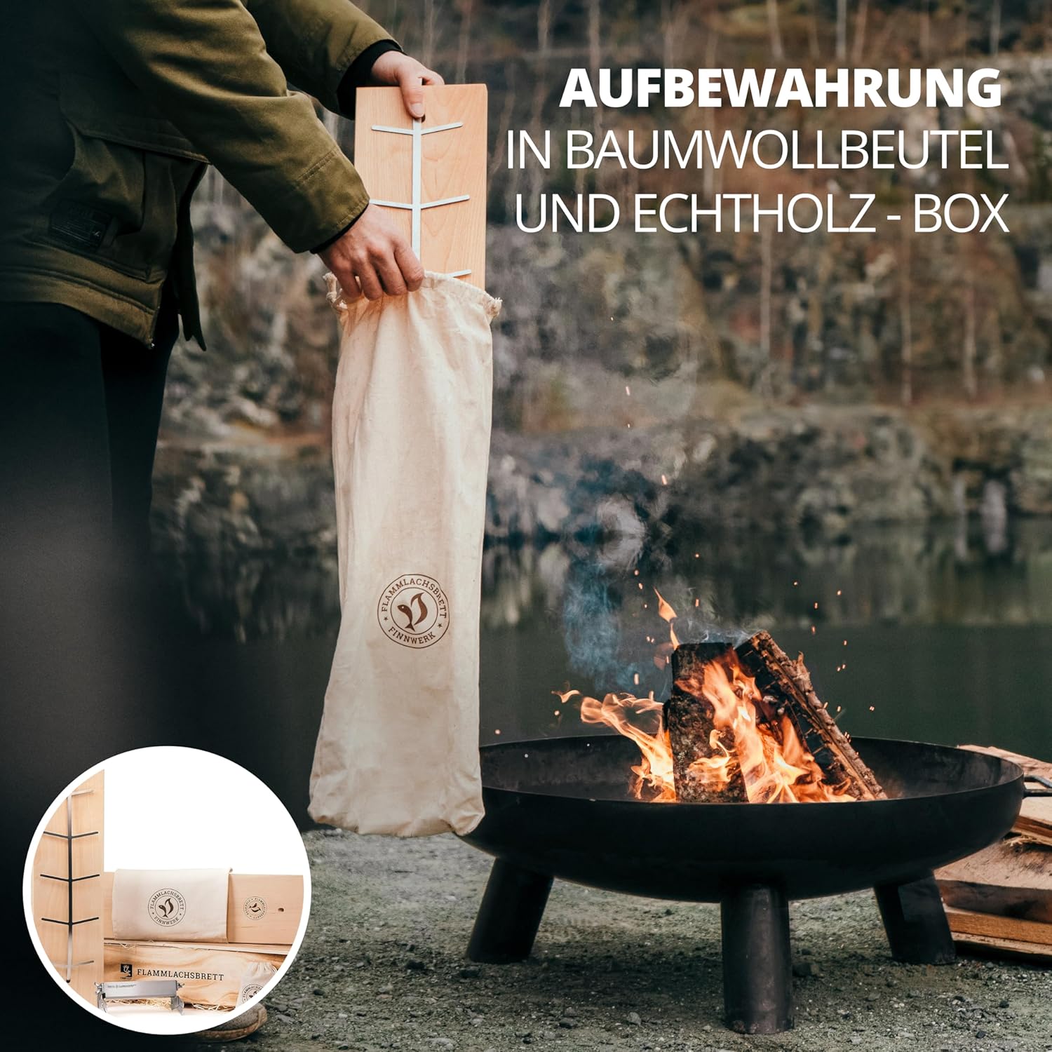 FINNWERK Flammlachsbrett Geschenkset - Lachsbretter mit Halterung aus Edelstahl und praktischem Winkelsystem - Räucherbrett aus massiver Birke - Perfektes Outdoor Geschenk mit Echtholz-Geschenkbox