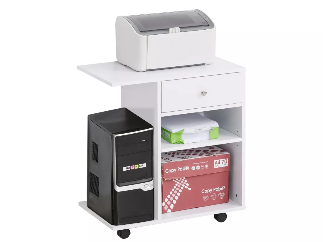 Support d'imprimante organiseur bureau caisson 2 niches tiroir espace CPU + grand plateau panneaux particules blanc