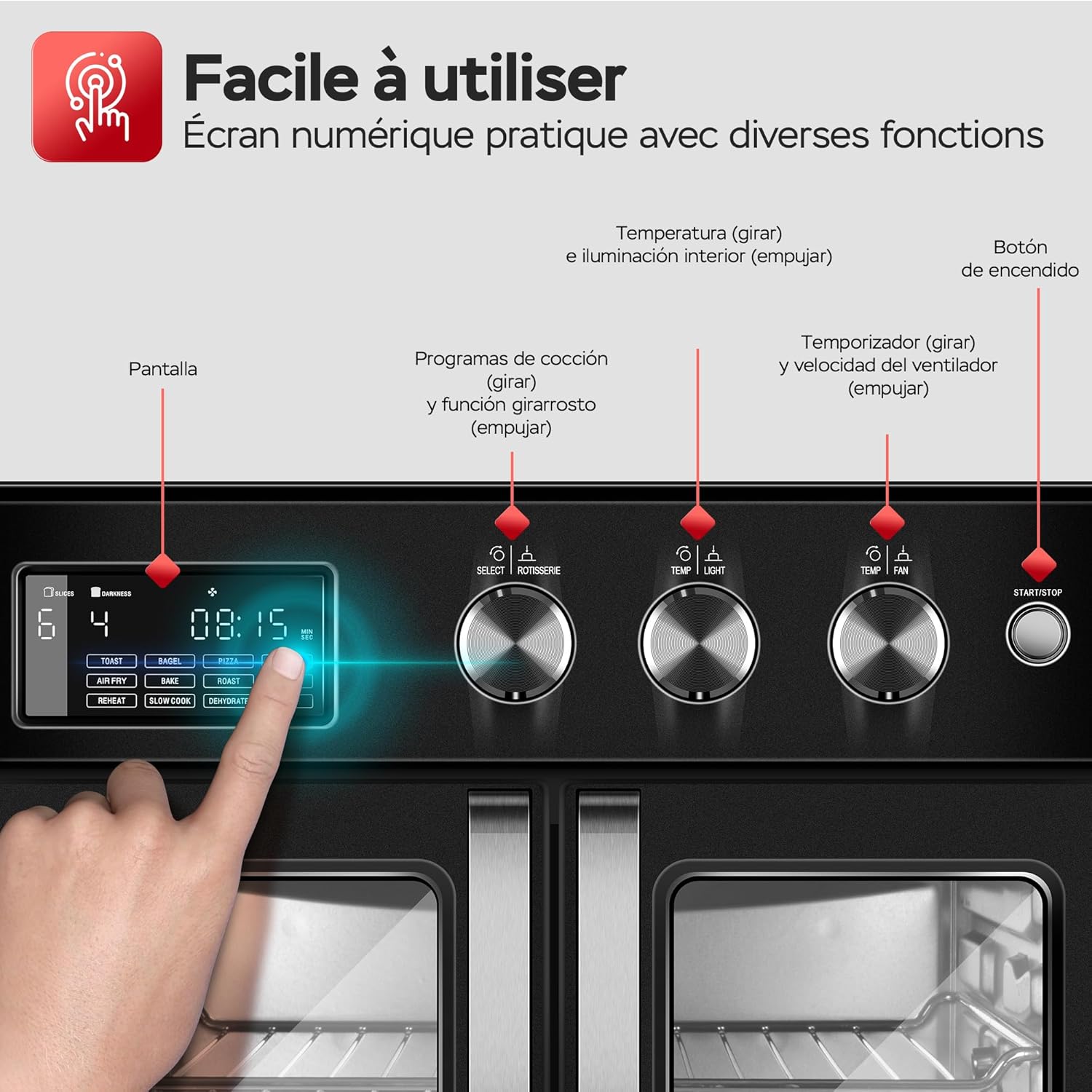 TurboTronic Mini Backofen - 4in1 Heißluftofen und Heißluftfritteuse XXL Version 32L inkl. Drehspieß & viel Zubehör, Dörrgerät ab 25°C & Grill, Airfryer, kleine Mini Tisch Back Pizzaofen (schwarz)