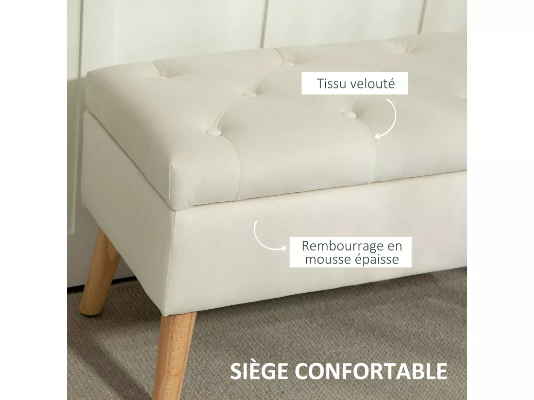 Banquette coffre design scandinave - piètement effilé bois assise effet capitonné velours crème