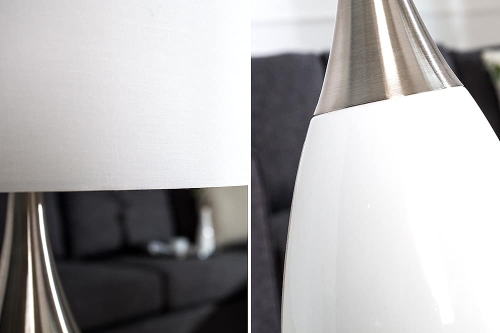 Moderne Tischlampe CARLA 60cm weiß silber mit Leinenschirm