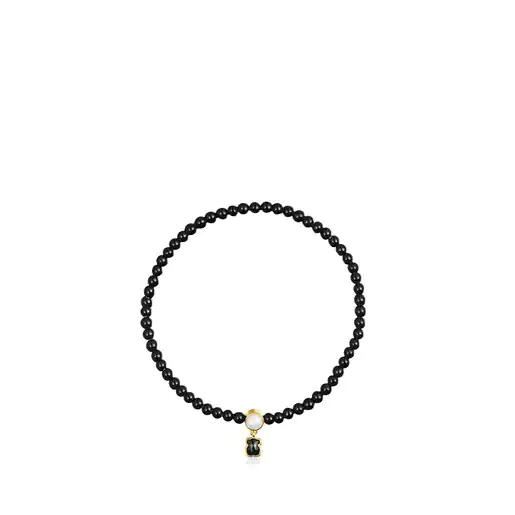 Pulseira de ônix com banho de ouro 18k sobre prata e pérola Glory.