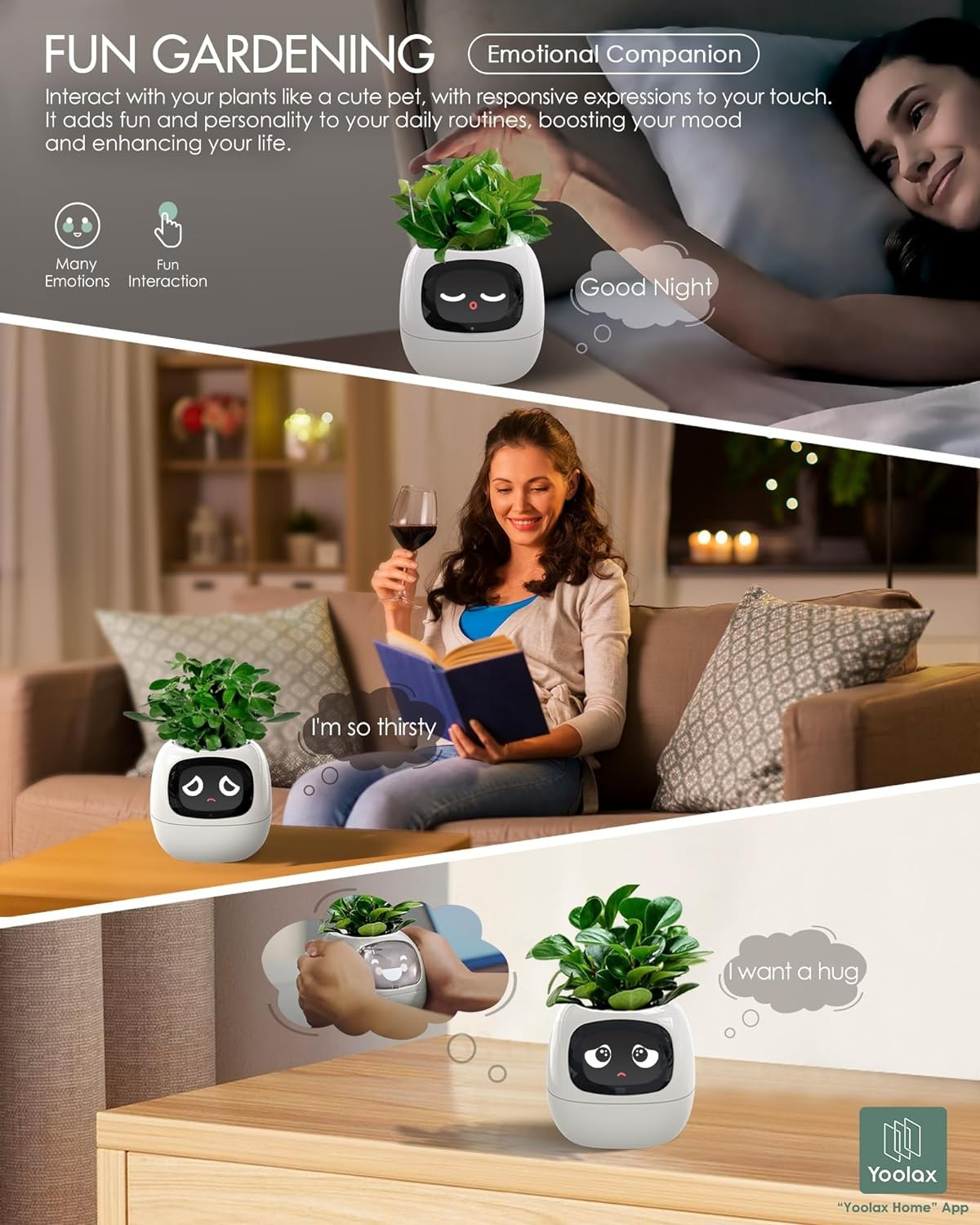 (9x9cm) Intelligenter Mini USB Blumentopf Home Deko Pflanzen Übertopf mit 40 Emotionen / LCD Display inkl. Kieselsteine (iOS/Android) - Ivy / Weiss