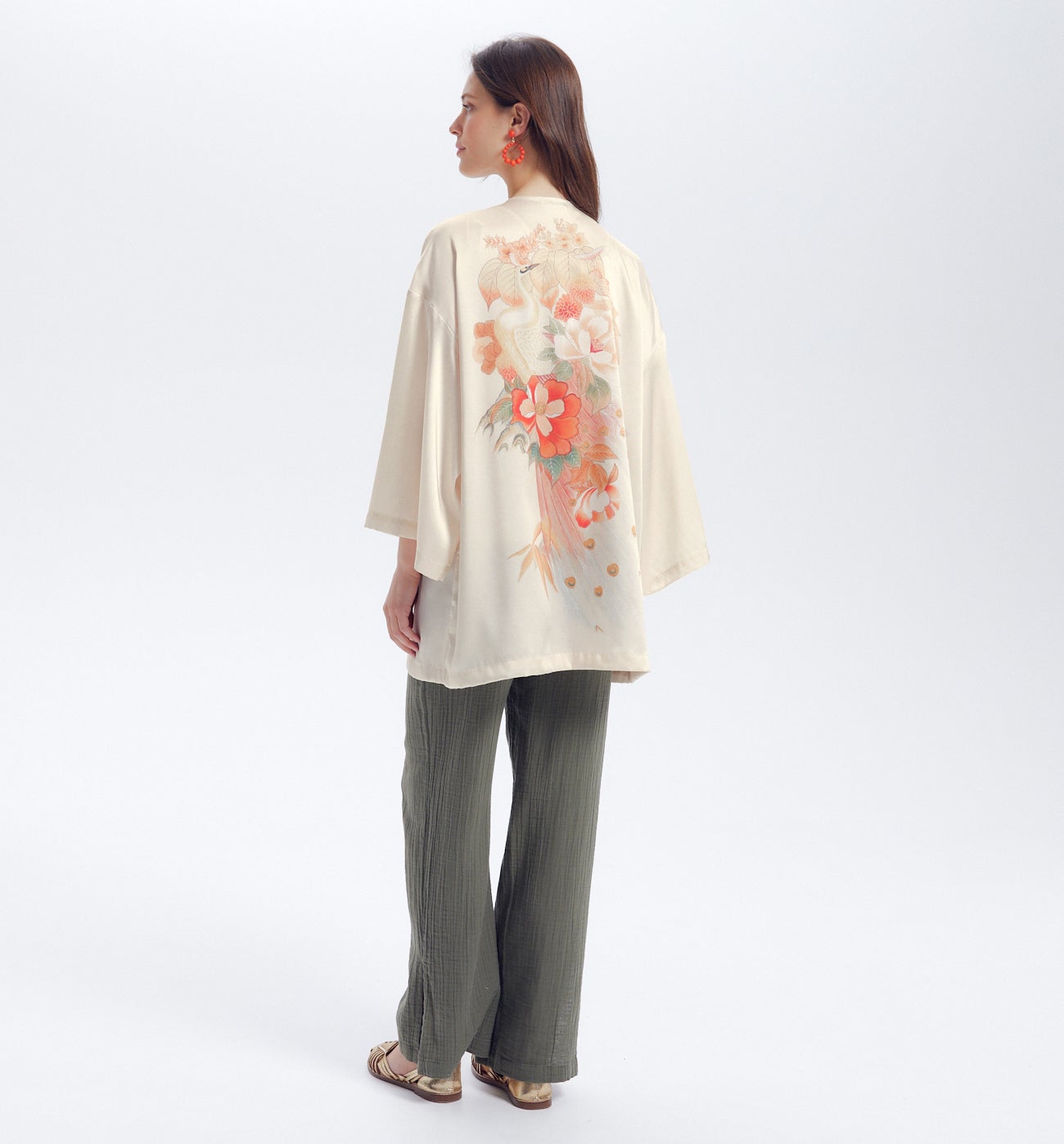 Veste kimono en satin Femme - Imprimé écru