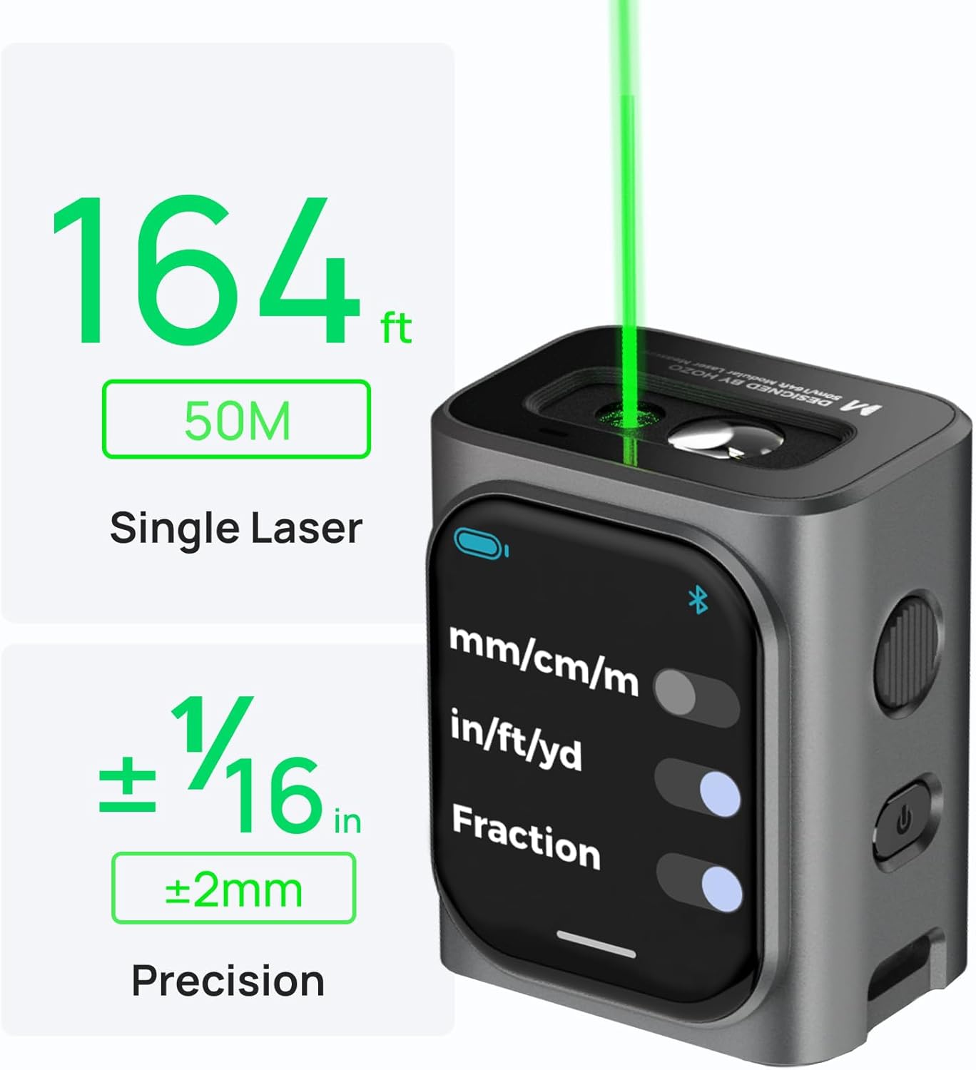 HOZO M-Cube Laser-Entfernungsmesser Grünstrahl, 50m Reichweite, ±1,5mm Genauigkeit, Kompakt, Wiederaufladbar, Grüner Laser für Außen, Flächen-/Volumen-/Pythagoras-Messung, LCD-Display, Bluetooth-App