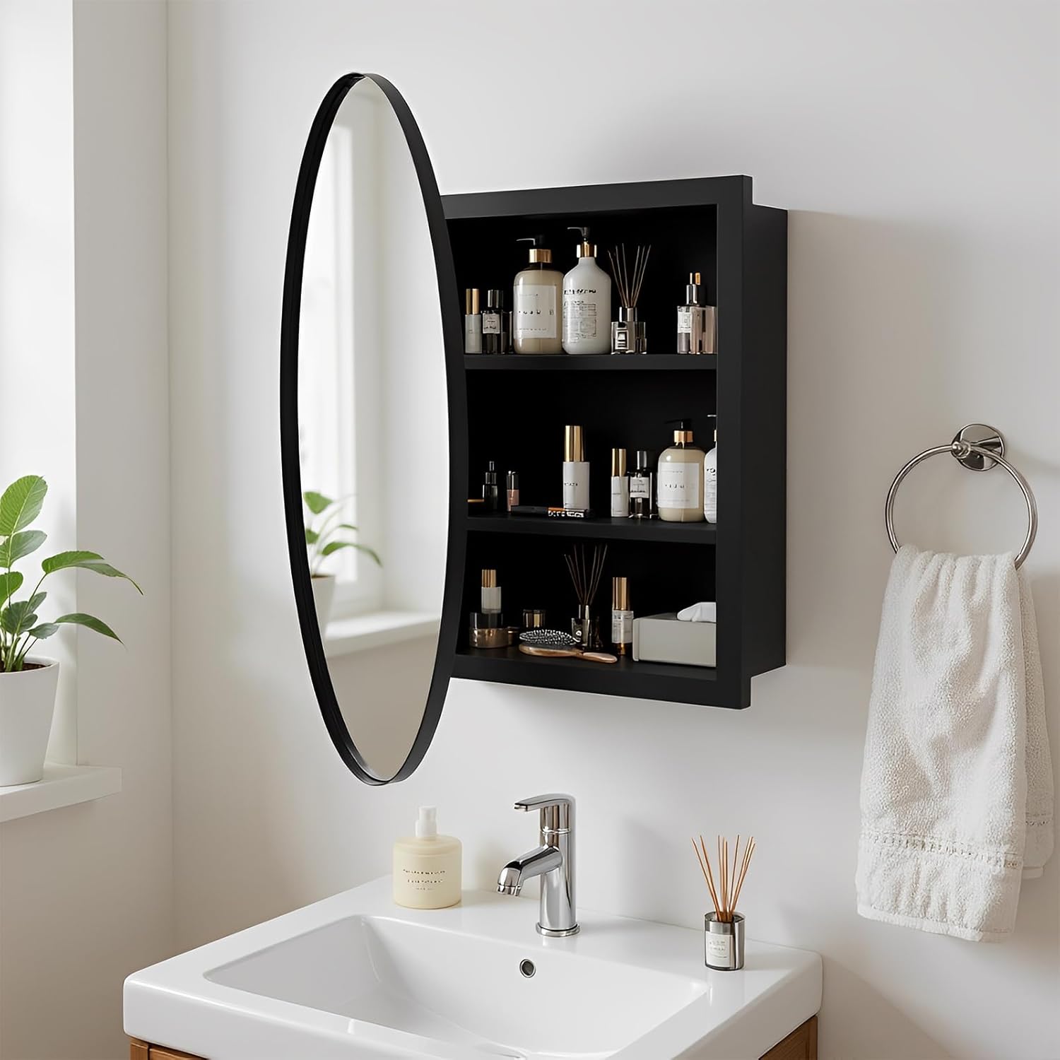 Badezimmerspiegel mit Metallrahmen für die Wand, 79 x 42 cm, Abgerundeter rechteckiger Spiegel, Badezimmerspiegelschrank mit 3 Ablagefächern, beweglichen und verstellbaren Fächern