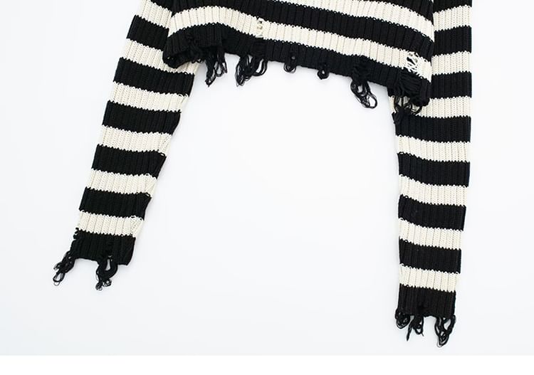 SugaYuja - Gestreepte crop top met lange mouwen en coltrui in distressed-stijl