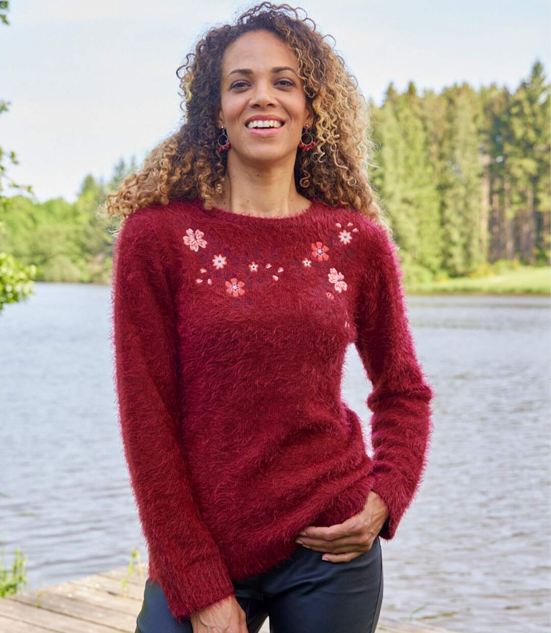 Pull Tricot Poilu Brodé de Fleurs