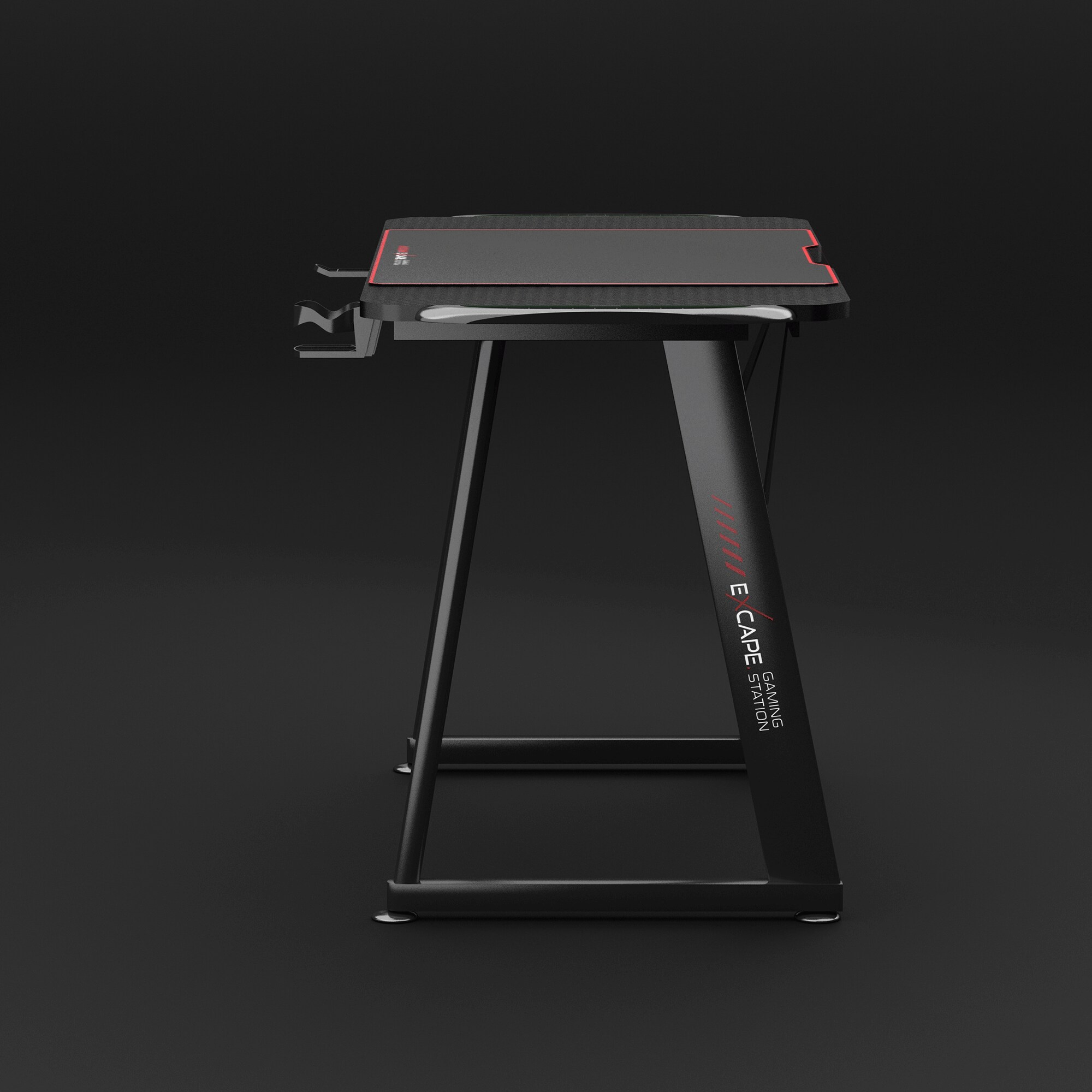 EXCAPE Gaming Tisch A14 mit LED Beleuchtung 140cm (+10cm Extensions) - Beine in A-Form Carbon-Optik, Schreibtisch Gaming-Getränkehalter, Kopfhörerhalte -PC Tisch Gamer Desk, Größe:140cmx60cm