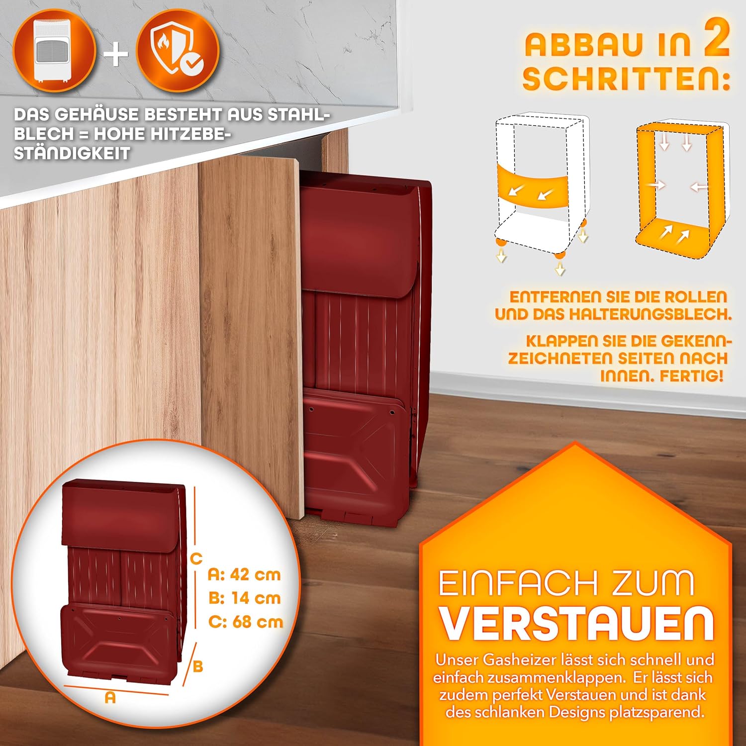 TRESKO 4200 Watt Gasheizung inkl. Gasdruckregler Gasschlauch + Abdeckung | Gasheizer Gasofen Gasheizofen mit 3 Stufen | Infrarot Gasheizgerät, Strahlend (Rot)
