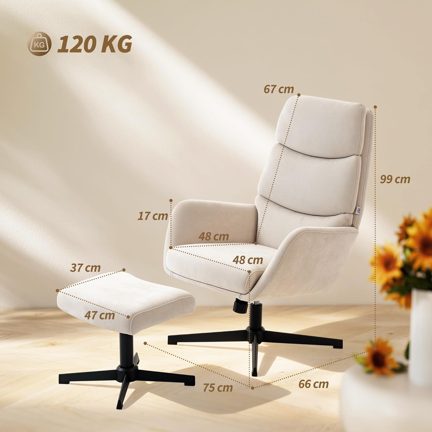 HOMCOM Relaxsessel mit Hocker, Sessel mit hoher Rückenlehne, Loungesessel mit Wippfunktion Leinenoptik Metallsockel, Polstersessel für Wohnzimmer, Schlafzimmer, Beige