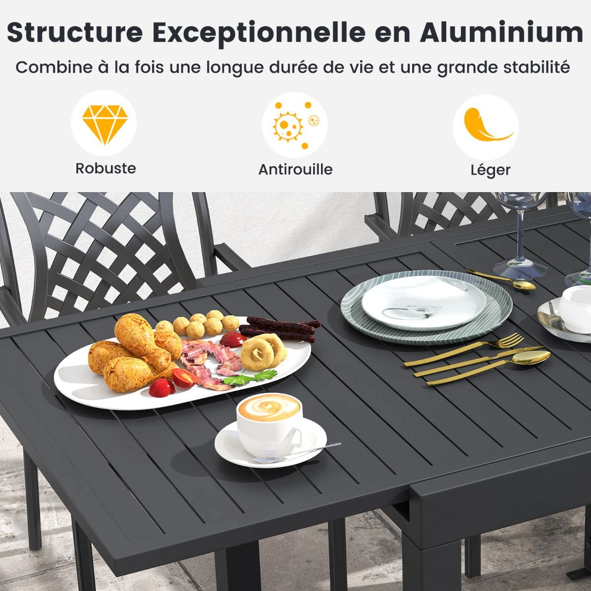 Table de Jardin Extensible en Aluminium Ajustable de 80 à 160 CM Table à Manger Extérieure Plateau à Lattes pour 4-6 Personnes Gris Foncé - Lidl-Manfred