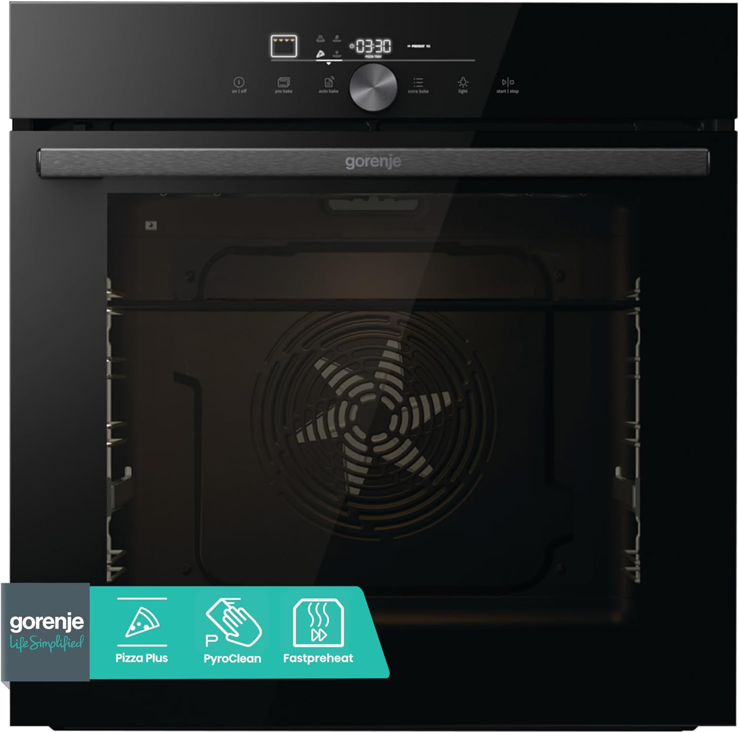 Gorenje OptiBake GO66E PIZZA350C Einbau-Backofen / 77L / PizzaPlus/Pizzamode 350°C/PyroClean/Heißluft/AirFry/PerfectGrill/Kindersicherung/schwarz