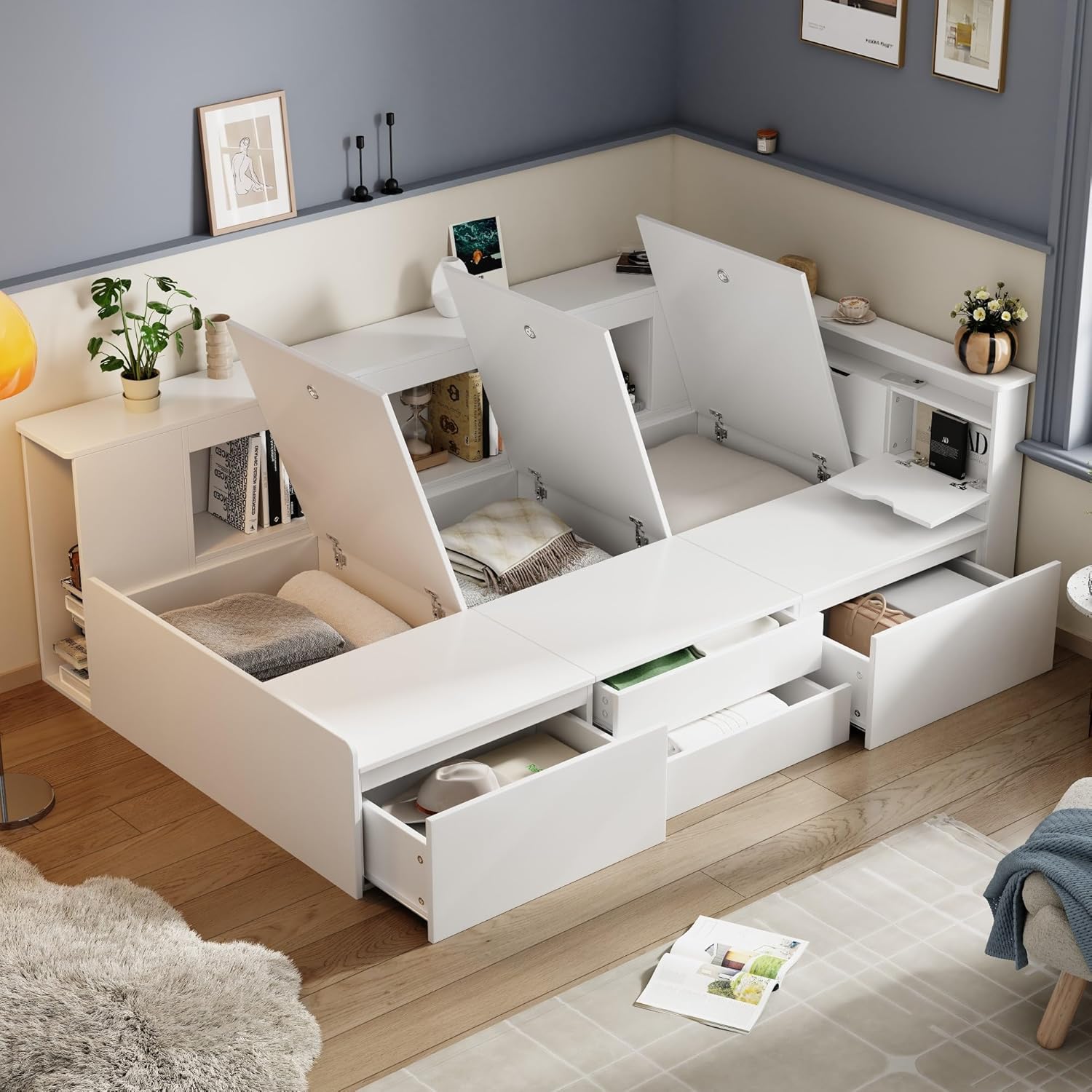 Kinderbett 90x200, Multifunktionales Holzbett mit Schubladen, Bücherregal und Stauschrank, Stauraumbett mit Lattenrost & Bettkasten, Funktionsbett Jugendbett Bettgestell aus Holz, ohne Matratze, Weiß