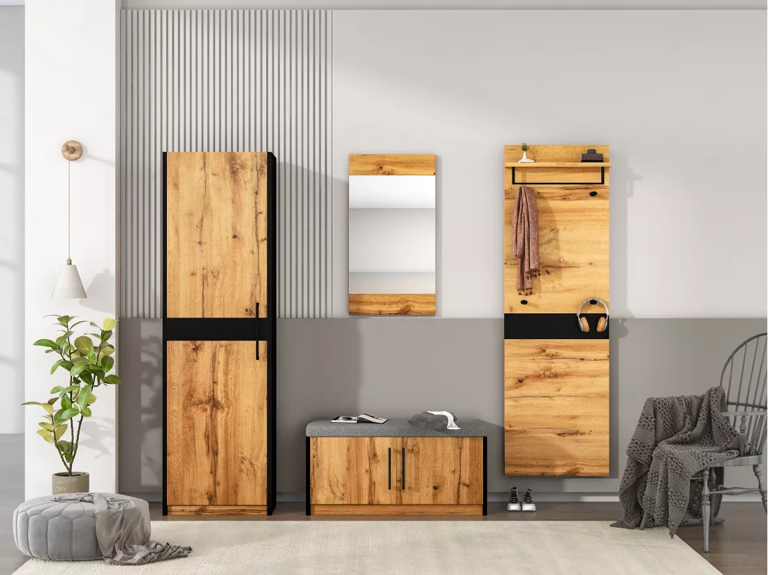 Vestiaire d'entrée avec miroir, armoire et banc à chaussures - Naturel foncé