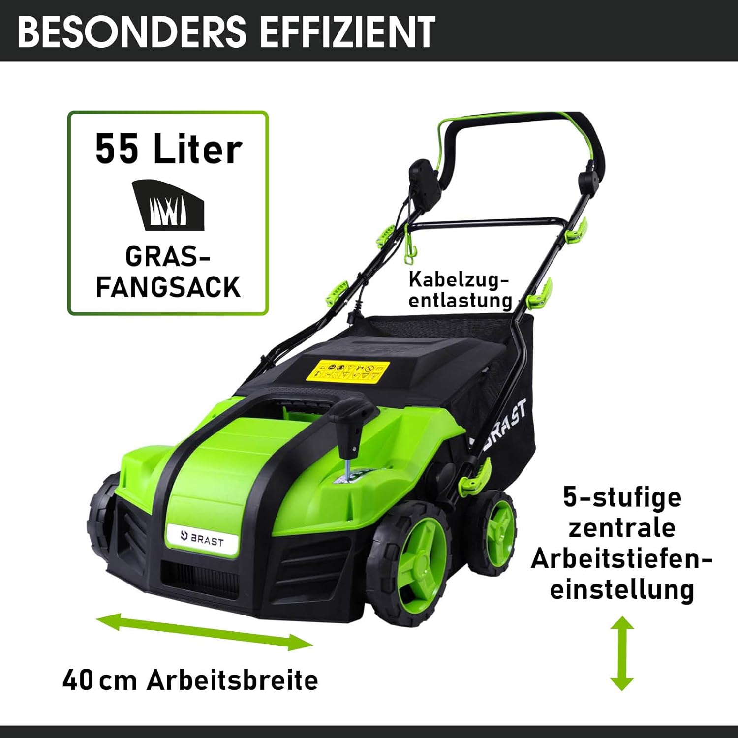 BRAST scarificateur électrique - 1800W largeur de travail 40cm, 2en1 rouleau scarificateur et aérateur, bac 55l - 3 MODÈLES diff. puissances - confortable à manier - scarificateur gazon électrique