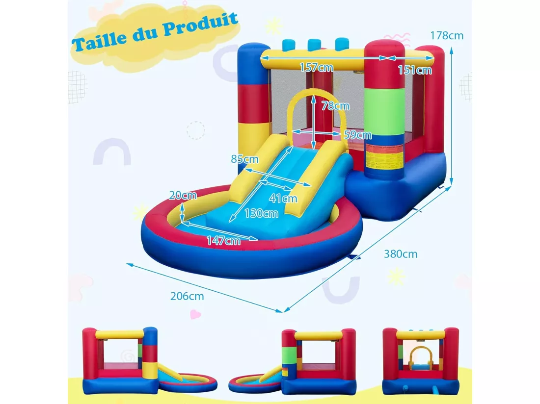 4 en 1 Château Gonflable Enfants avec Toboggan et Souffleur 480W, Maison de Rebond Gonflable avec Piscine et 50 Boules, Thème Puzzle, Parc Aquatique, Charge Max 90kg, 3 Ans+