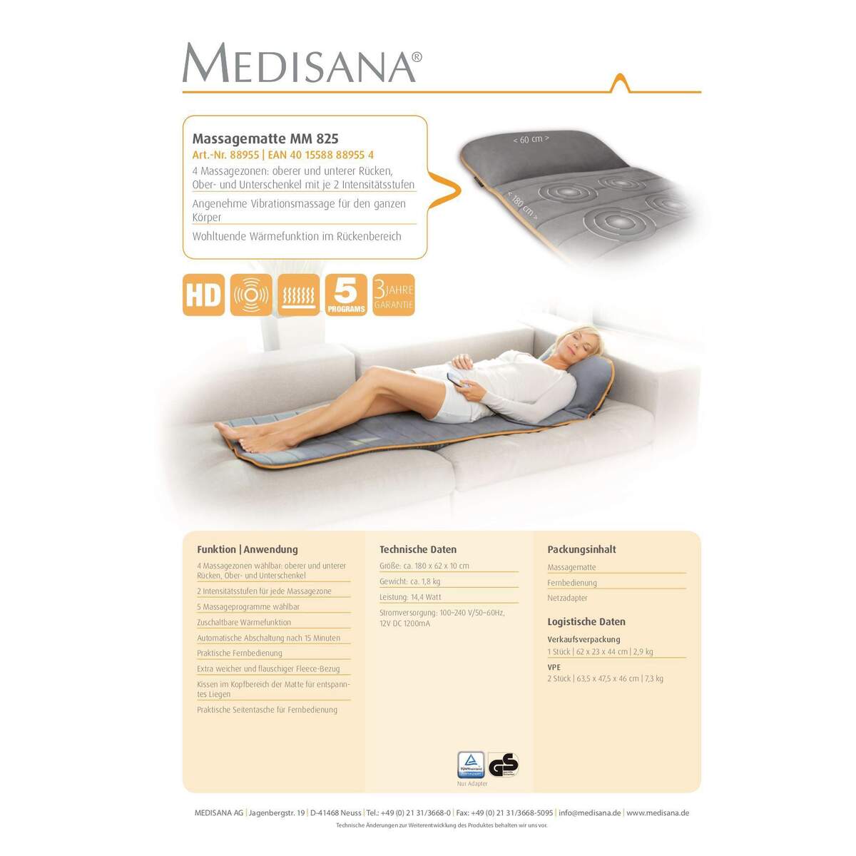 Massagematte MM825 Medisana Grau