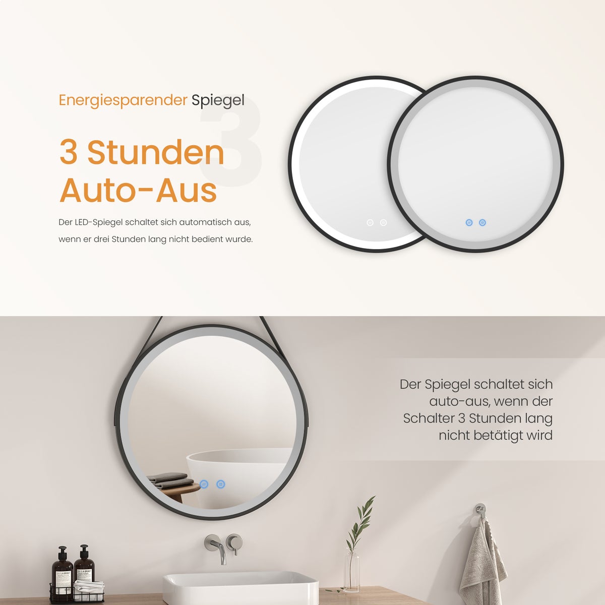 EMKE Badkamerspiegel met verlichting, LED-spiegel met aanraakschakelaar, rond, anti-condens, Ø 80 cm, koel wit