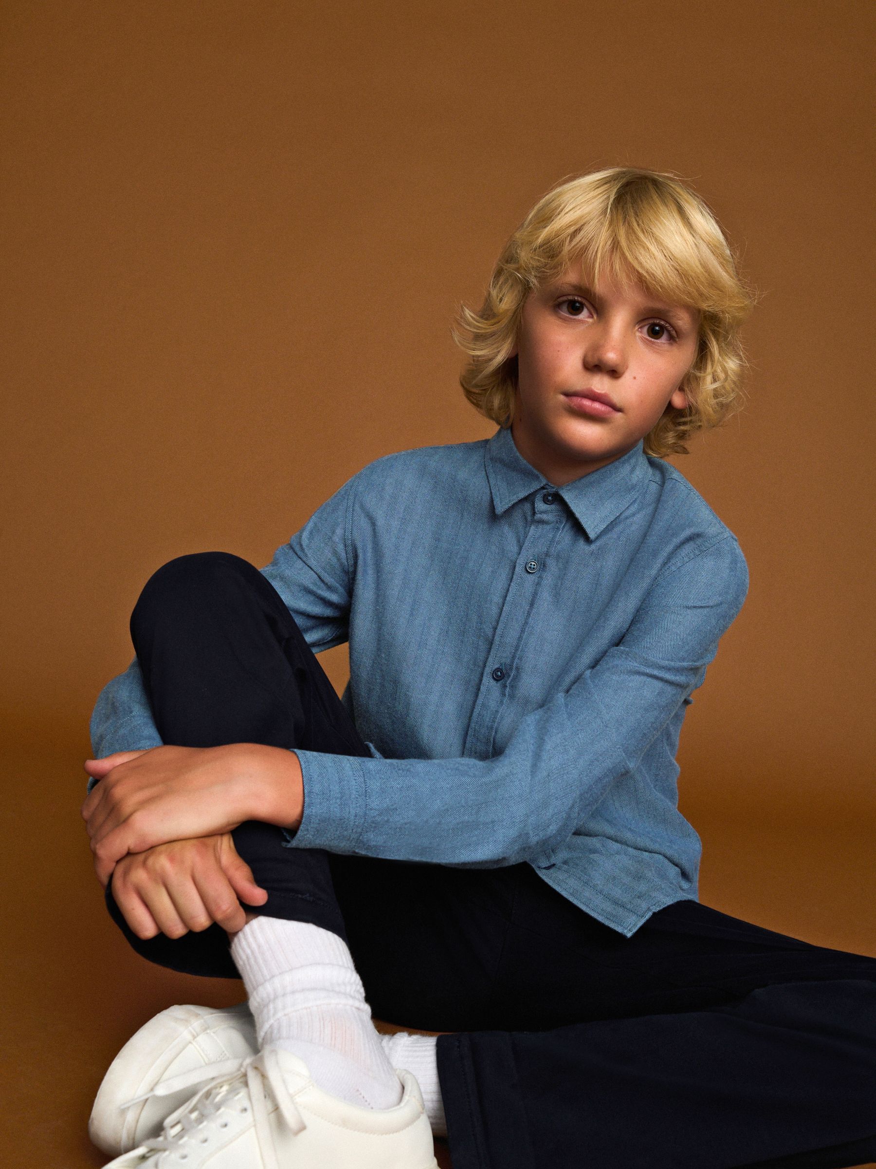 Blauw - Long Sleeve Herringbone Shirt (3-16yrs)