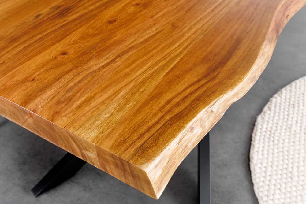 Massivholz Esstisch MAMMUT 200cm Akazie schwarz Metall Baumkante 6cm Tischplatte