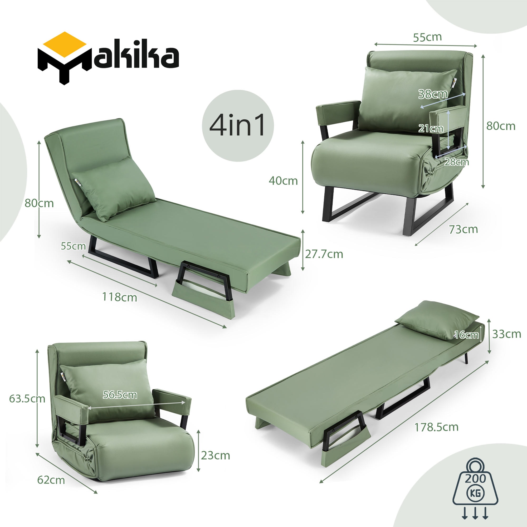 Makika Schlafsessel Schlafsofa Rio klappbar - Kunstleder in Grün