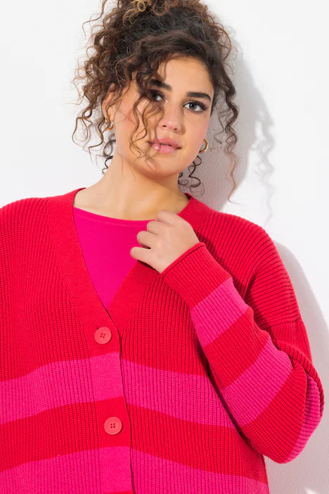 Strickjacke, Streifen, Boxy, V-Ausschnitt, Rollkanten, lychee