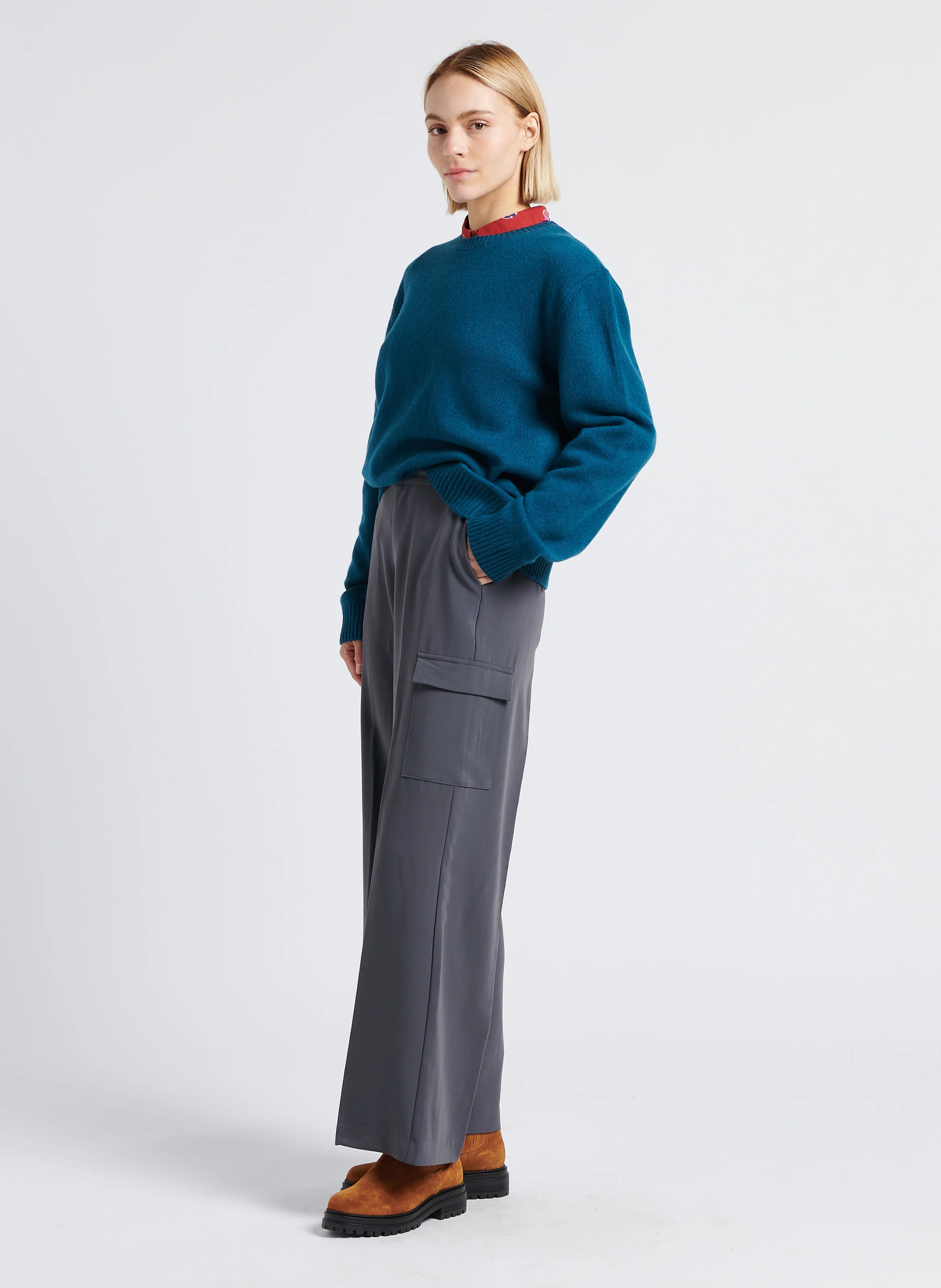 LUGO - Pantalon fluide cargo taille haute | Argent
