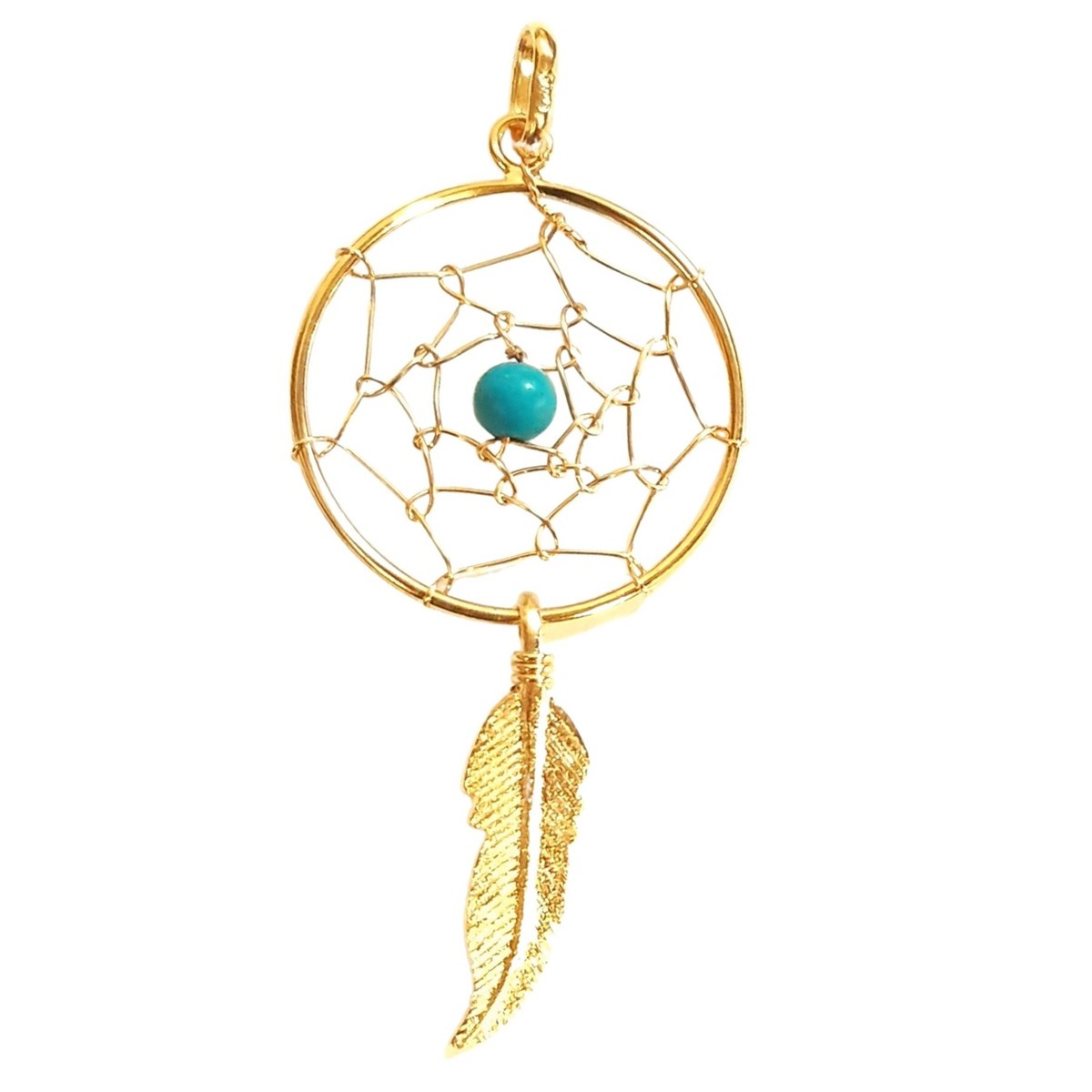 Pendentif Indien attrape attrapeur de rêves en plaqué or 1 plume + chaine