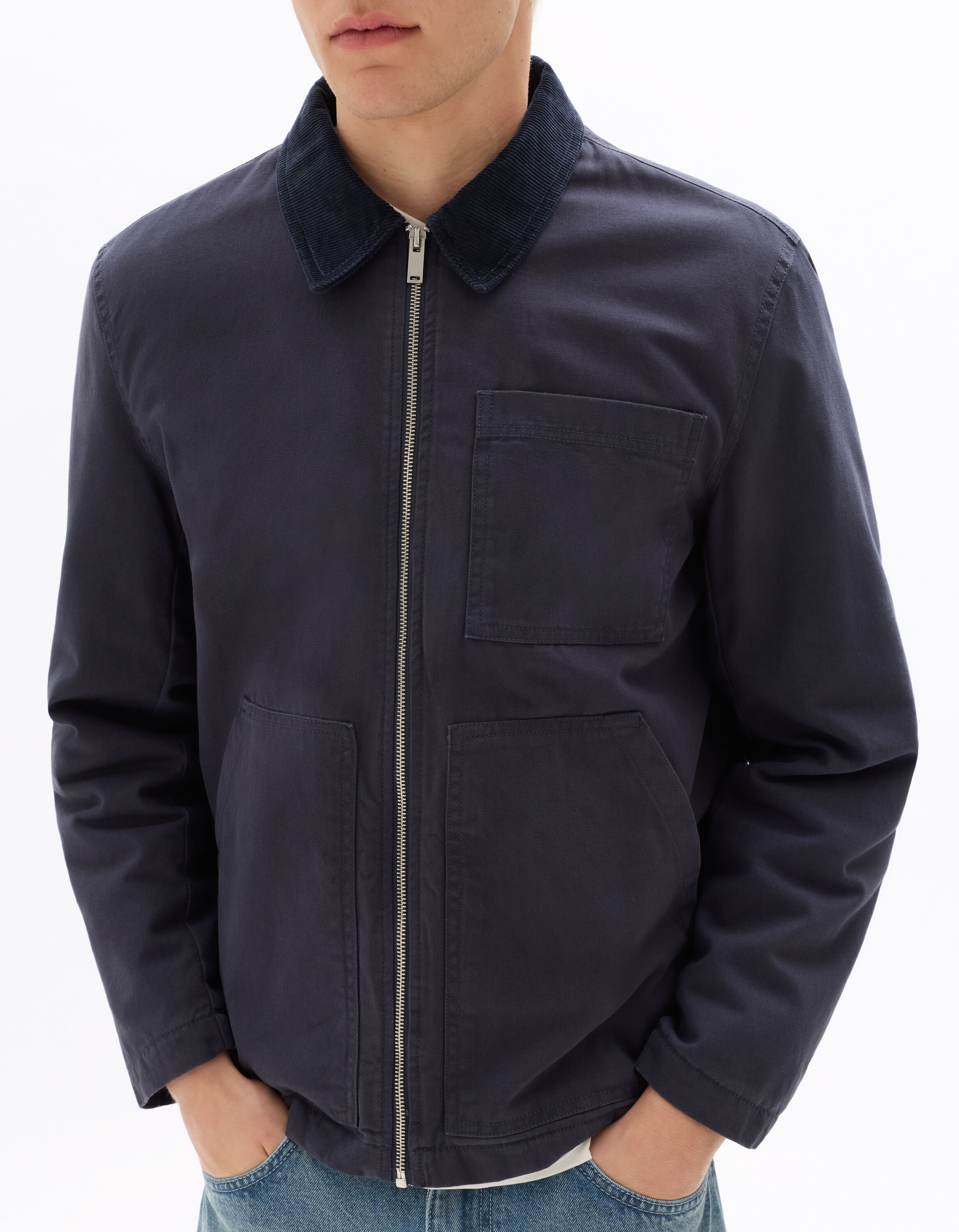 Blouson 100% coton col contrasté - marine