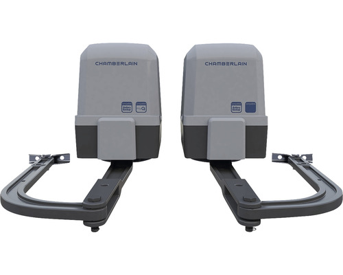 Chamberlain CHAA250EVC draaipoortaandrijving voor draaipoorten, inclusief 2 x design afstandsbedieningen, 1 x infrarood fotocel en 2 x 2 sleutels voor noodontgrendeling.