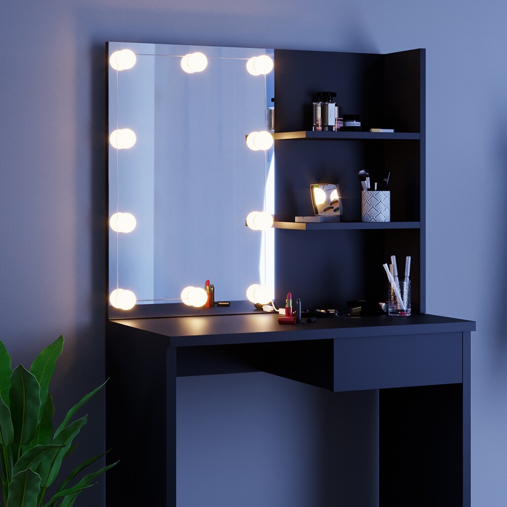Vicco Schminktisch Dekos Frisiertisch Kommode Frisierkommode Spiegel Schwarz inklusive LED-Lichterkette
