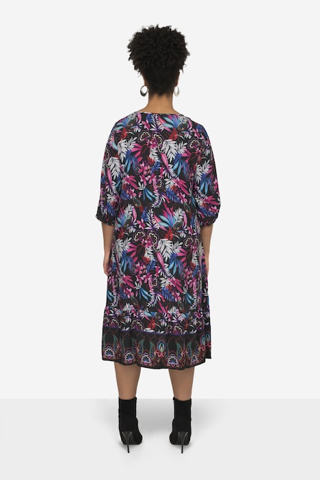 Kleid, A-Line, Alloverdruck, V-Ausschnitt, 3/4-Ärmel