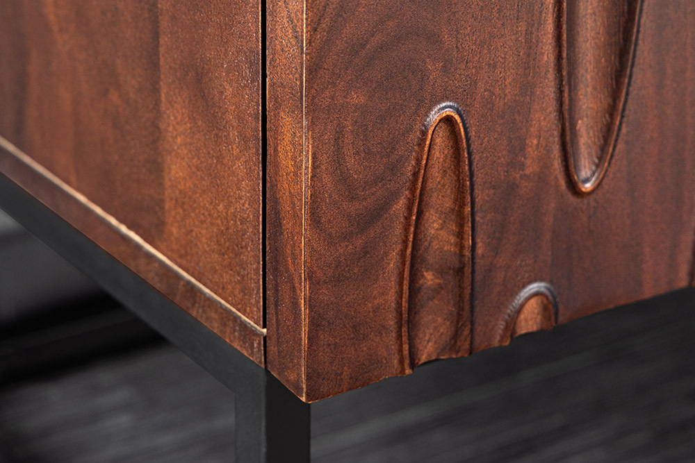 Massives Sideboard DUNE 175cm walnuss-braun Akazienholz 3D-Design schwarz Metall