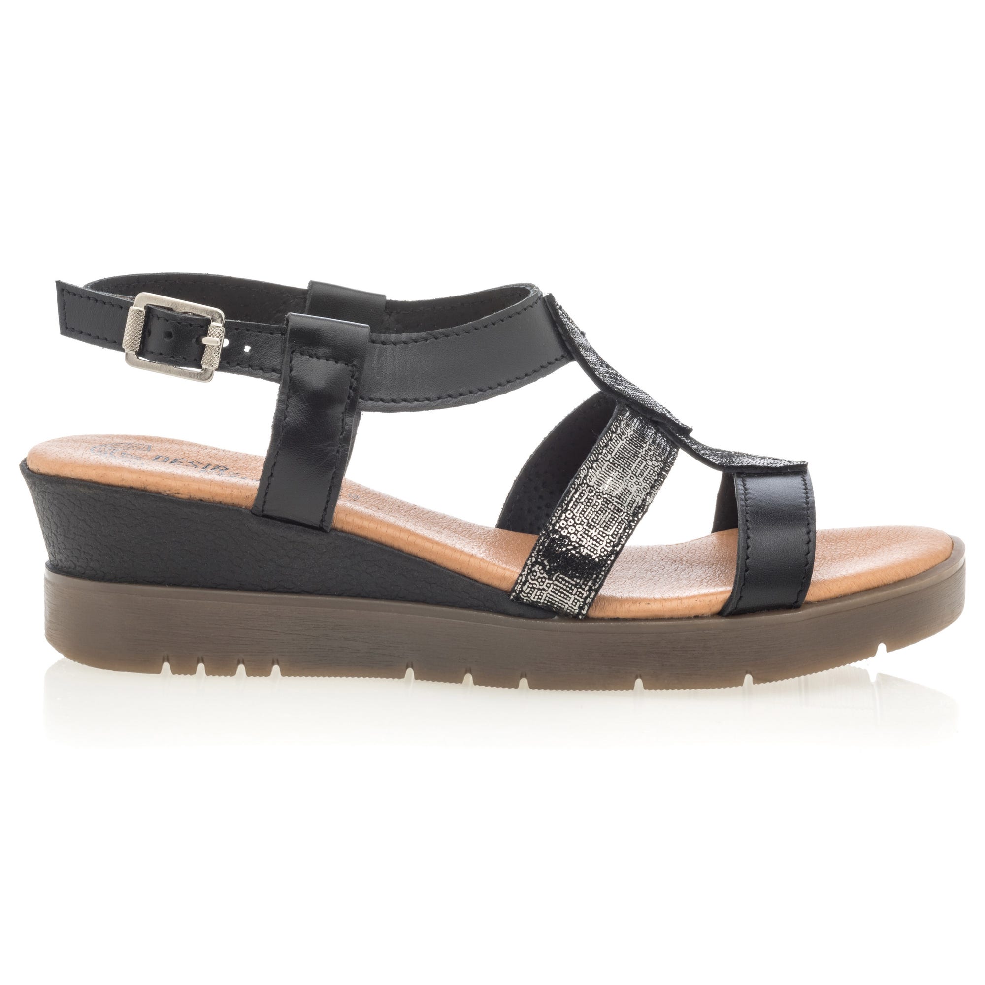Sandales à talon compensé Femme en cuir noir